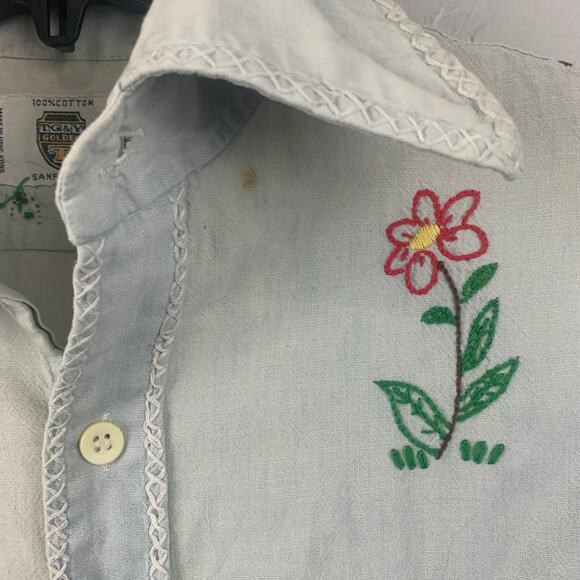 Vtg 1970s TG&Y Embroidered Chambray Shirt Womens Medium Blue Collared Hippie - Picture 8 of 13